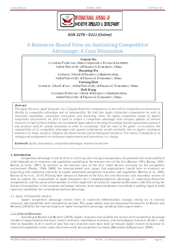 A Resource-Based View on Sustaining Competitive Advantage: A Case Discussion Thumbnail