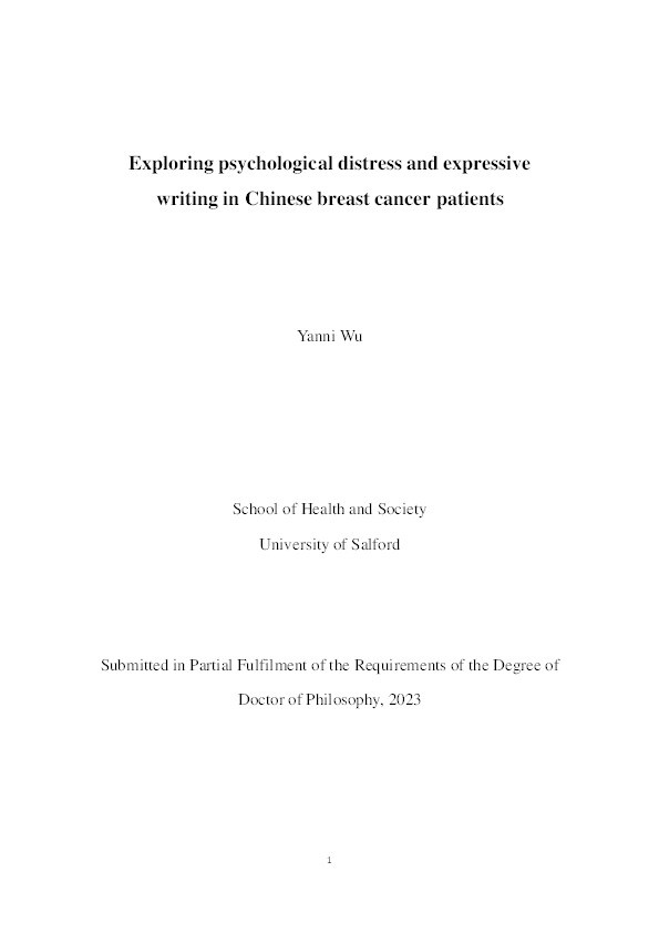 Exploring psychological distress and expressive writing in Chinese breast cancer patients Thumbnail