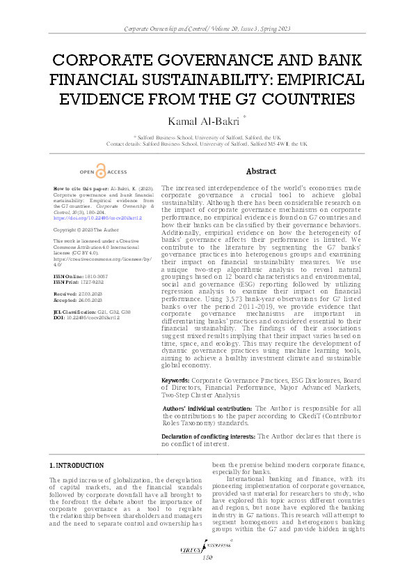 Corporate governance and bank financial sustainability: Empirical evidence from the G7 countries Thumbnail