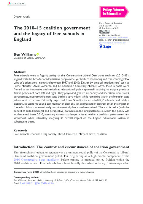 The 2010–15 coalition government and the legacy of free schools in England Thumbnail