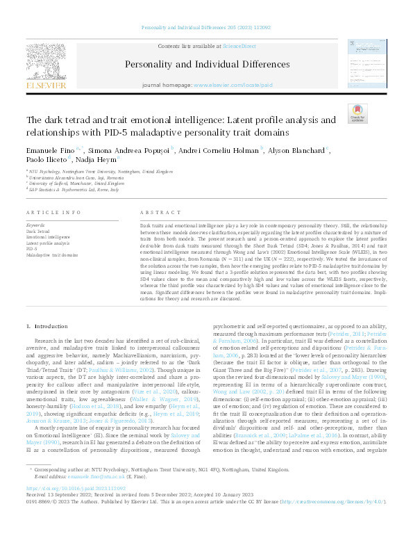 The dark tetrad and trait emotional intelligence: Latent profile analysis and relationships with PID-5 maladaptive personality trait domains Thumbnail