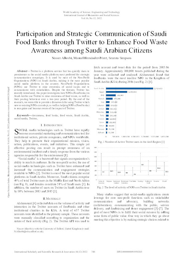Participation and Strategic Communication of Saudi Food Banks through Twitter to Enhance Food Waste Awareness among Saudi Arabian Citizens Thumbnail