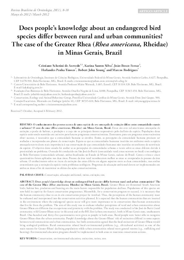 Does people’s knowledge about an endangered bird species differ between rural and urban communities? The case of the Greater Rhea (Rhea americana, Rheidae) in Minas Gerais, Brazil Thumbnail