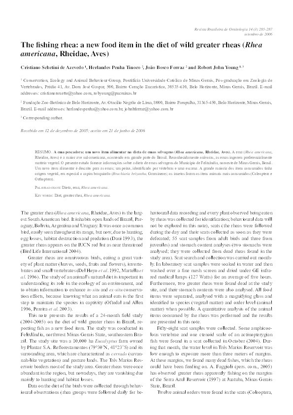 The fishing rhea: a new food item in the diet of wild greater rheas (Rhea americana, Rheidae, Aves) Thumbnail