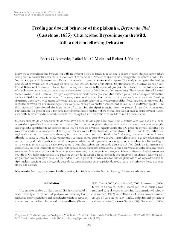 Feeding and social behavior of the piabanha, Brycon devillei (Castelnau, 1855)(Characidae: Bryconinae) in the wild, with a note on following behavior Thumbnail