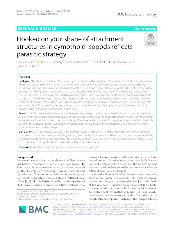 Hooked on you: shape of attachment structures in cymothoid isopods reflects parasitic strategy Thumbnail