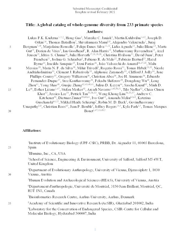 A global catalog of whole-genome diversity from 233 primate species. Thumbnail