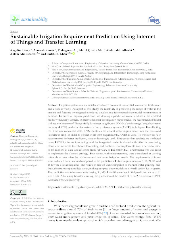 Sustainable Irrigation Requirement Prediction Using Internet of Things and Transfer Learning Thumbnail