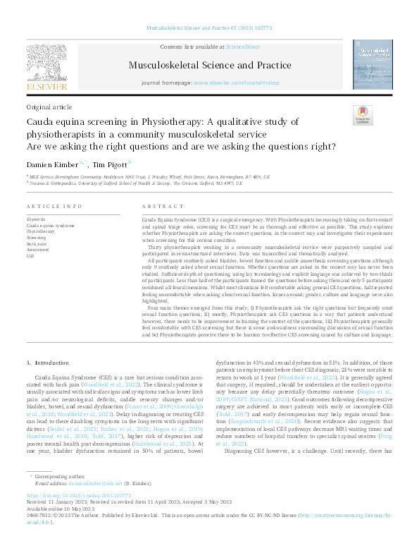Cauda equina screening in Physiotherapy: A qualitative study of physiotherapists in a community musculoskeletal service: Are we asking the right questions and are we asking the questions right? Thumbnail