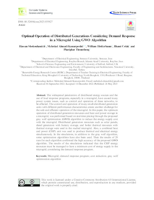 Optimal Operation of Distributed Generations Considering Demand Response in a Microgrid Using GWO Algorithm Thumbnail
