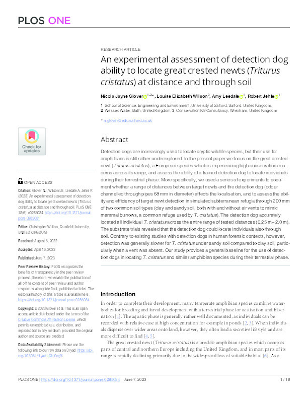 An experimental assessment of detection dog ability to locate great crested newts (Triturus cristatus) at distance and through soil Thumbnail