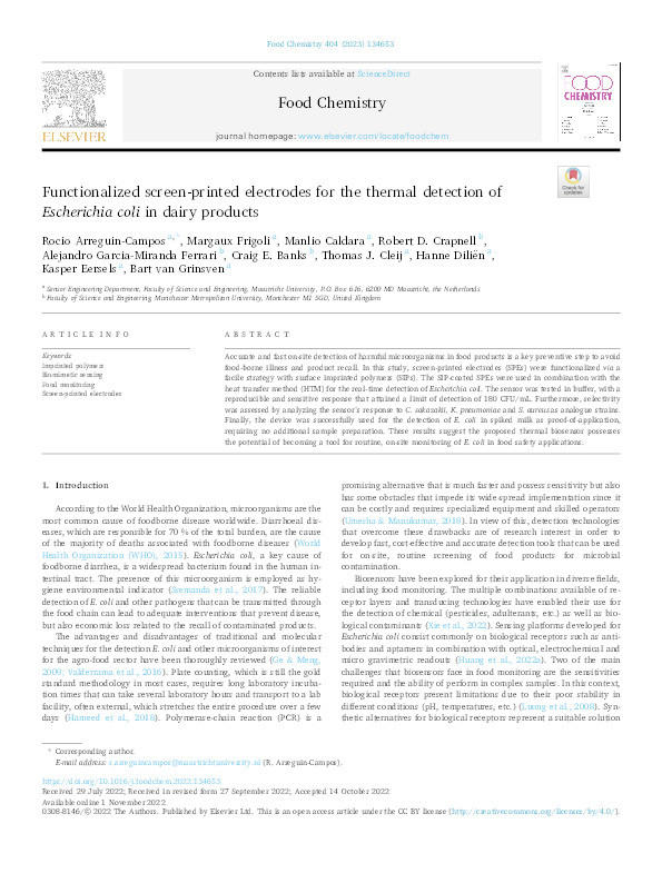 Functionalized screen-printed electrodes for the thermal detection of Escherichia coli in dairy products Thumbnail