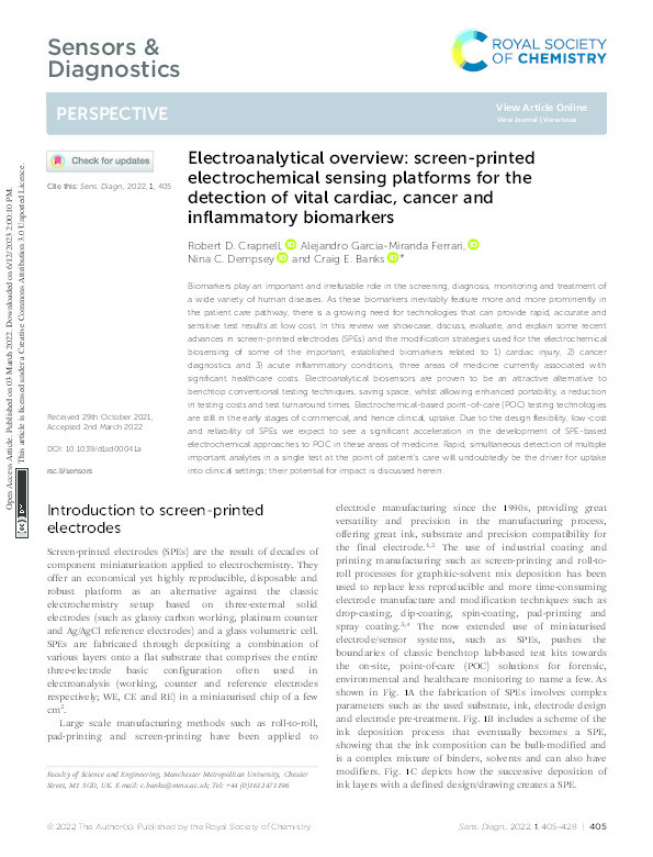 Electroanalytical Overview: Screen-printed electrochemical sensing platforms for the detection of vital cardiac, cancer and inflammatory biomarkers Thumbnail
