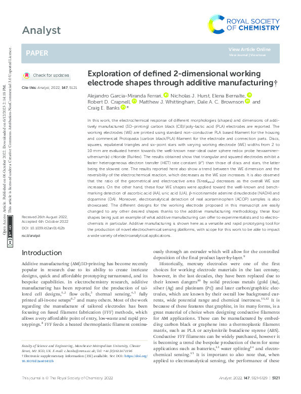 Exploration of defined 2-dimensional working electrode shapes through additive manufacturing Thumbnail