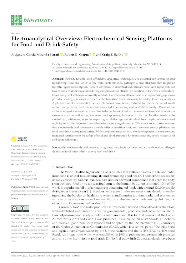 Electroanalytical Overview: Electrochemical Sensing Platforms for Food and Drink Safety Thumbnail