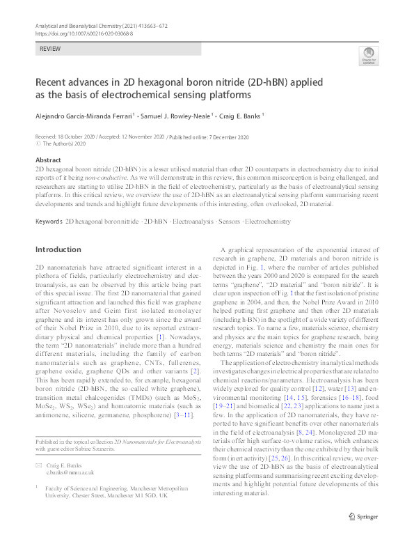Recent advances in 2D hexagonal boron nitride (2D-hBN) applied as the basis of electrochemical sensing platforms Thumbnail