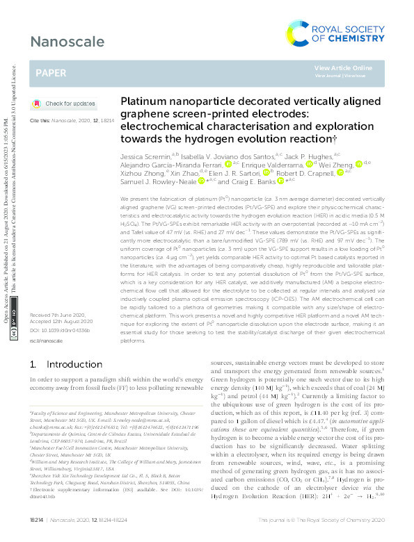 Platinum nanoparticle decorated vertically aligned graphene screen-printed electrodes: electrochemical characterisation and exploration towards the hydrogen evolution reaction Thumbnail