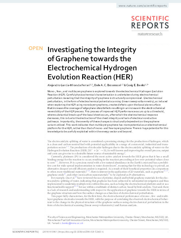 Investigating the Integrity of Graphene towards the Electrochemical Hydrogen Evolution Reaction (HER) Thumbnail