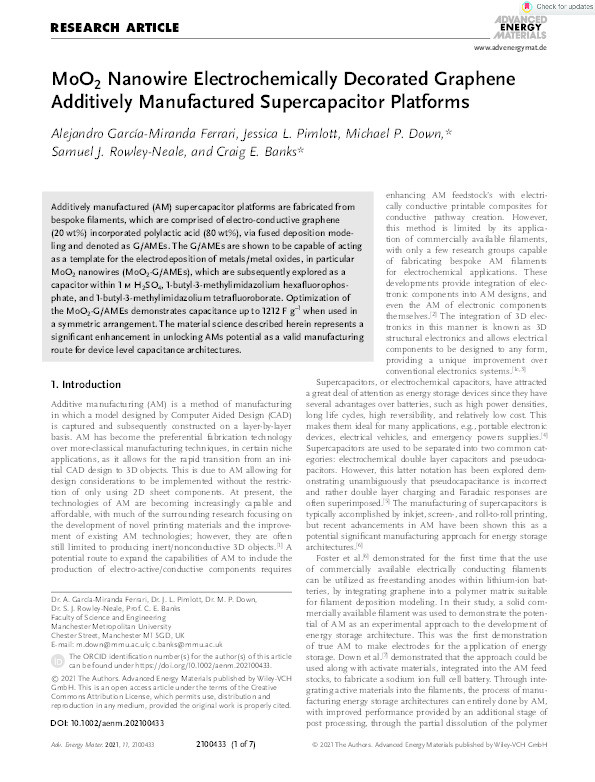 MoO2 Nanowire Electrochemically Decorated Graphene Additively Manufactured Supercapacitor Platforms Thumbnail