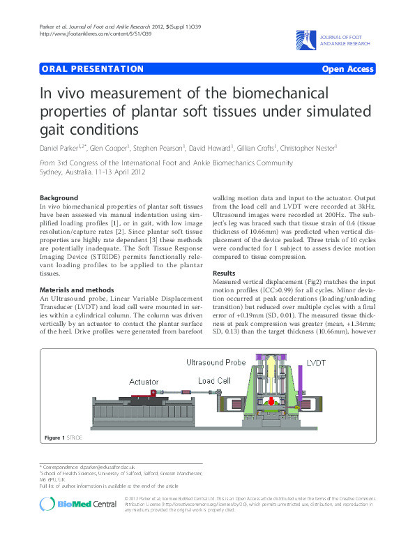 In vivo measurement of the biomechanical properties of plantar soft tissues under simulated gait conditions Thumbnail