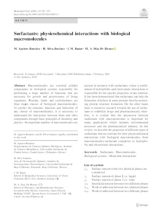 Surfactants: physicochemical interactions with biological macromolecules. Thumbnail
