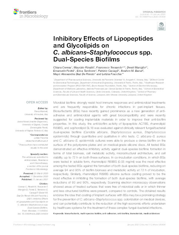 Inhibitory Effects of Lipopeptides and Glycolipids on <i>C. albicans-Staphylococcus</i> spp. Dual-Species Biofilms. Thumbnail