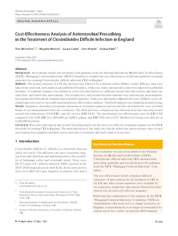Cost-Effectiveness Analysis of Antimicrobial Prescribing in the Treatment of Clostridioides Difficile Infection in England Thumbnail