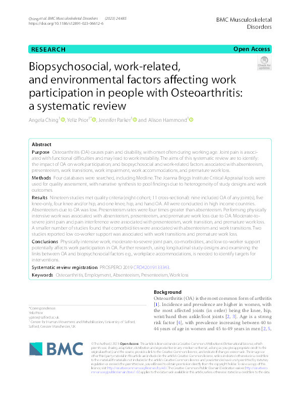 Biopsychosocial, work-related, and environmental factors affecting work participation in people with Osteoarthritis: a systematic review Thumbnail