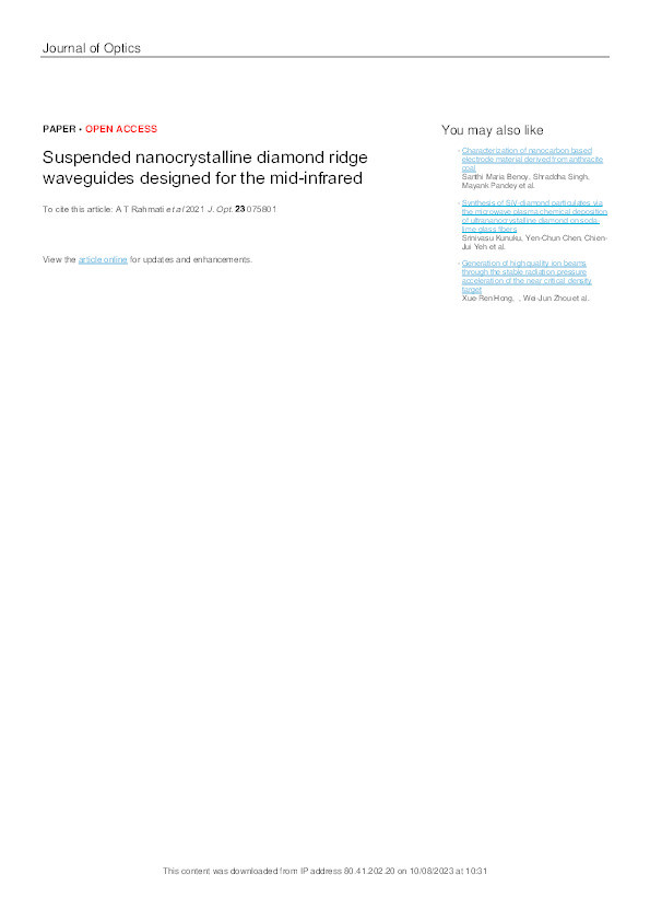 Suspended nanocrystalline diamond ridge waveguides designed for the mid-infrared Thumbnail