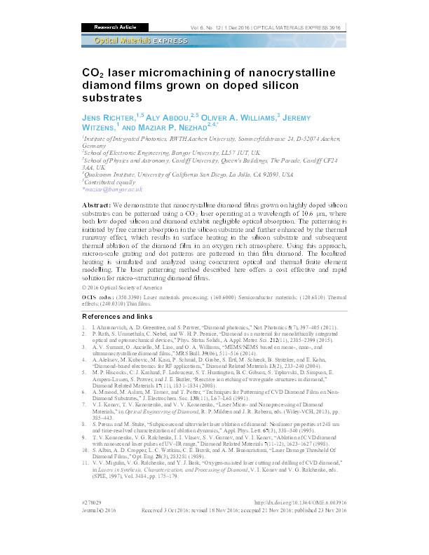 CO2 laser micromachining of nanocrystalline diamond films grown on doped silicon substrates Thumbnail