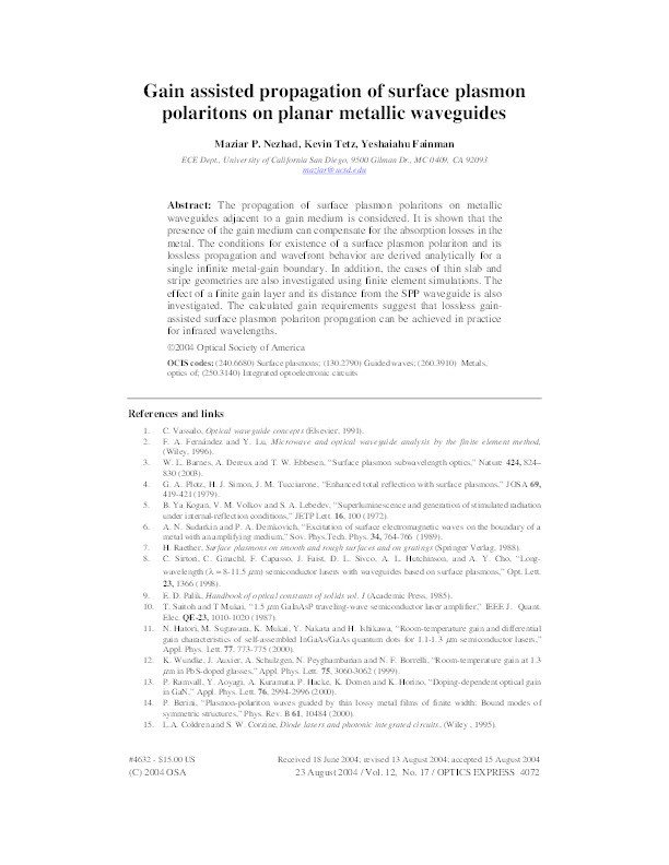 Gain assisted propagation of surface plasmon polaritons on planar metallic waveguides Thumbnail