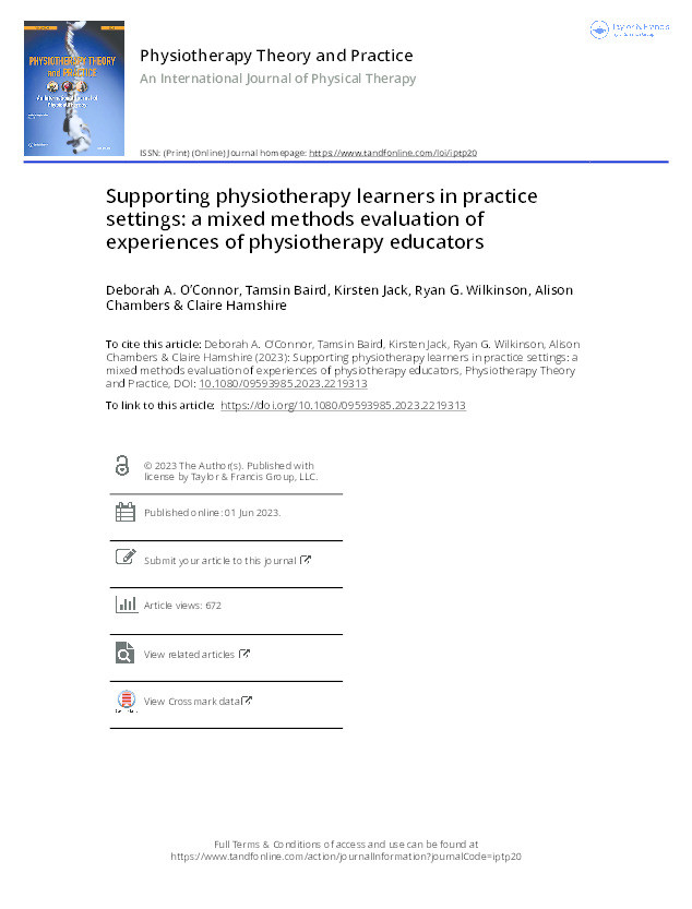 Supporting physiotherapy learners in practice settings: a mixed methods evaluation of experiences of physiotherapy educators. Thumbnail