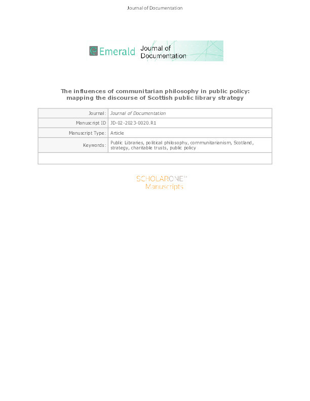 The influences of communitarian philosophy in public policy: mapping the discourse of Scottish public library strategy Thumbnail