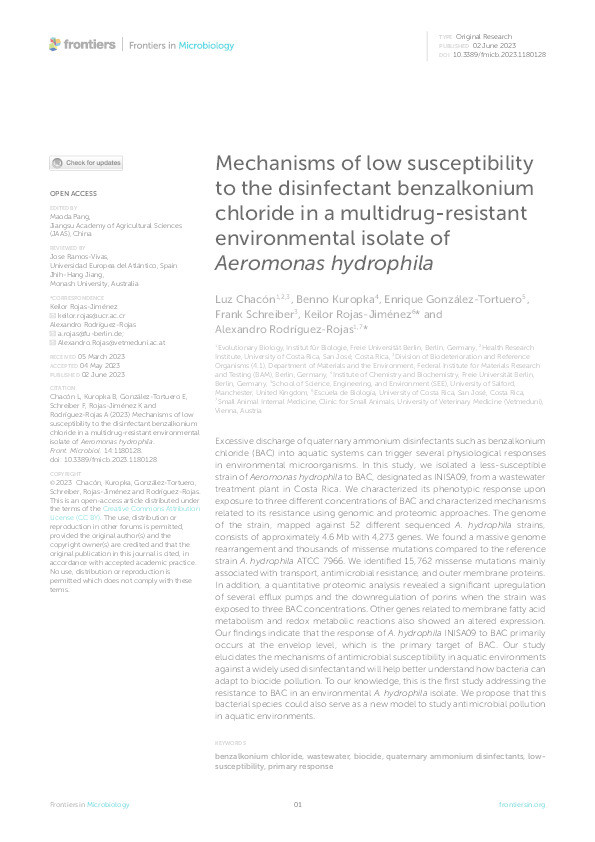 Mechanisms of low susceptibility to the disinfectant benzalkonium chloride in a multidrug-resistant environmental isolate of Aeromonas hydrophila Thumbnail