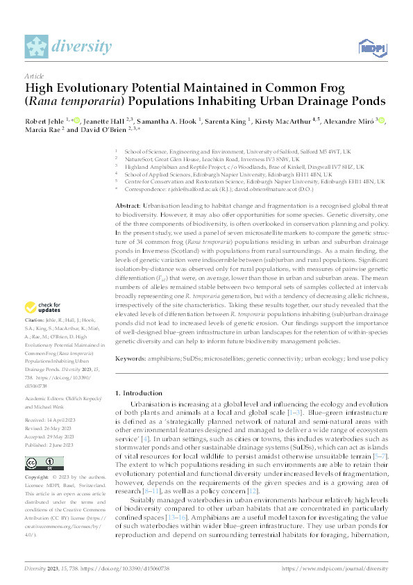 High Evolutionary Potential Maintained in Common Frog (Rana temporaria) Populations Inhabiting Urban Drainage Ponds Thumbnail
