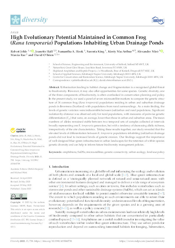 High Evolutionary Potential Maintained in Common Frog (Rana temporaria) Populations Inhabiting Urban Drainage Ponds Thumbnail