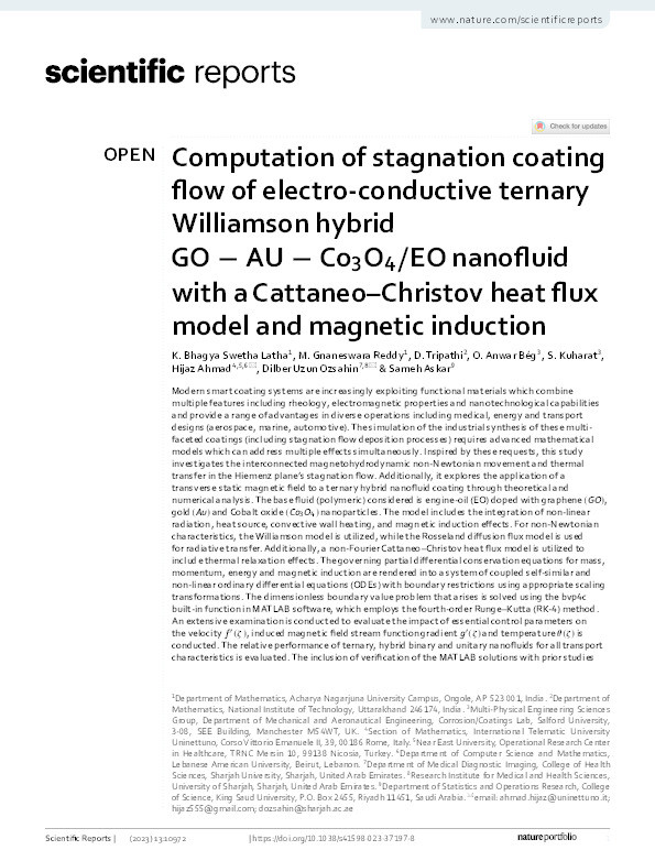 Computation of stagnation coating flow of electro-conductive ternary  Williamson hybrid 𝑮𝑶 − 𝑨𝑼 − 𝑪𝒐𝟑𝑶𝟒/𝑬𝑶 nanofluid with a Cattaneo-Christov heat flux model and magnetic induction Thumbnail