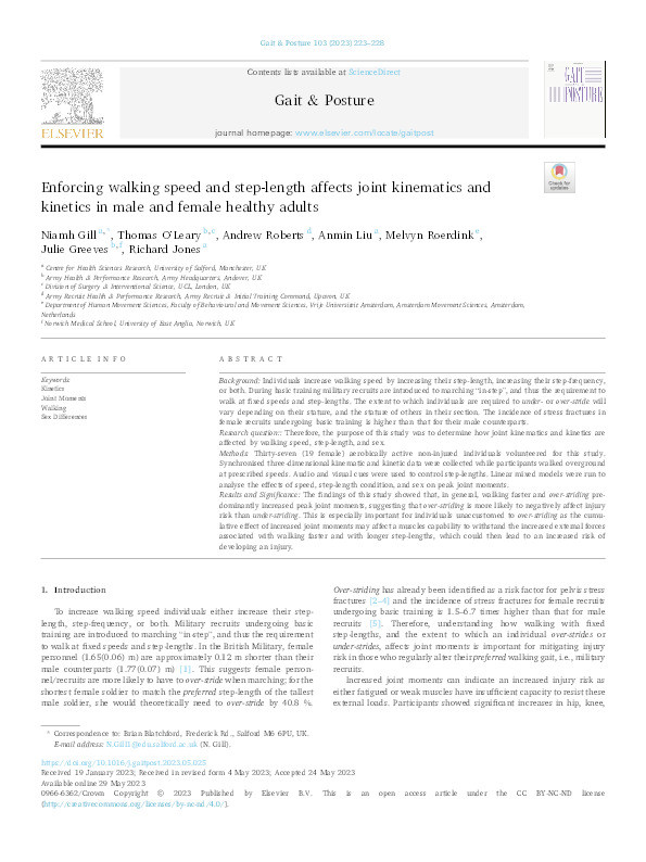 Enforcing walking speed and step-length affects joint kinematics and kinetics in male and female healthy adults. Thumbnail