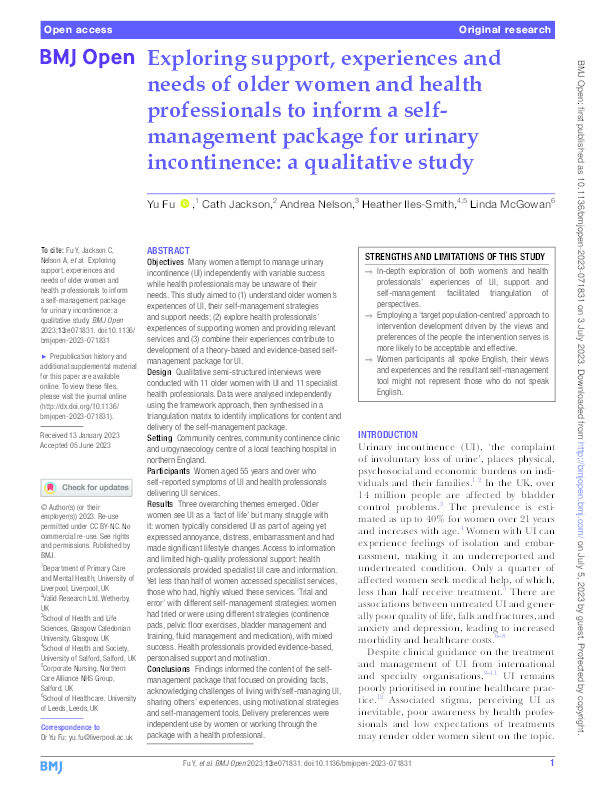 Exploring support, experiences and needs of older women and health professionals to inform a self-management package for urinary incontinence: a qualitative study Thumbnail
