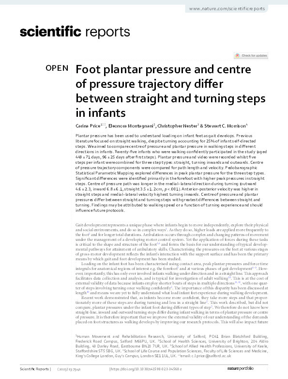 Foot plantar pressure and centre of pressure trajectory differ between straight and turning steps in infants Thumbnail