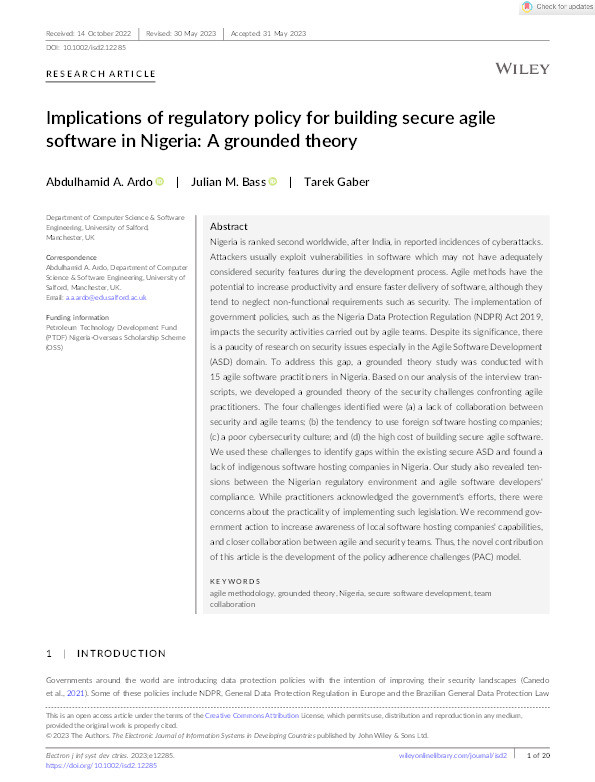 Implications of regulatory policy for building secure agile software in Nigeria: A grounded theory Thumbnail