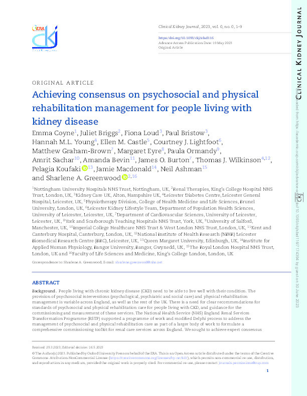Achieving consensus on psychosocial and physical rehabilitation management for people living with kidney disease Thumbnail