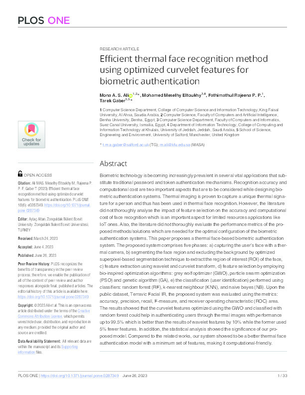 Efficient thermal face recognition method using optimized curvelet features for biometric authentication Thumbnail