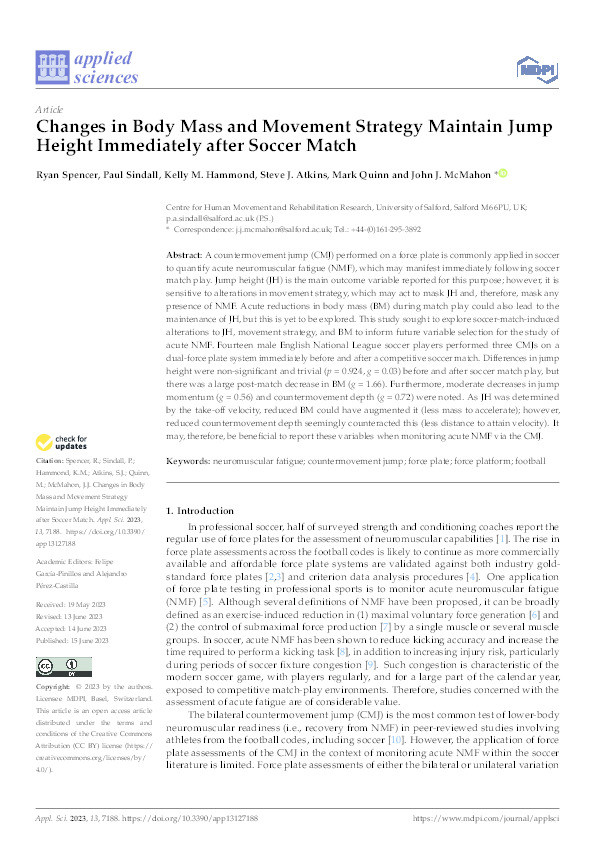 Changes in Body Mass and Movement Strategy Maintain Jump Height Immediately after Soccer Match Thumbnail