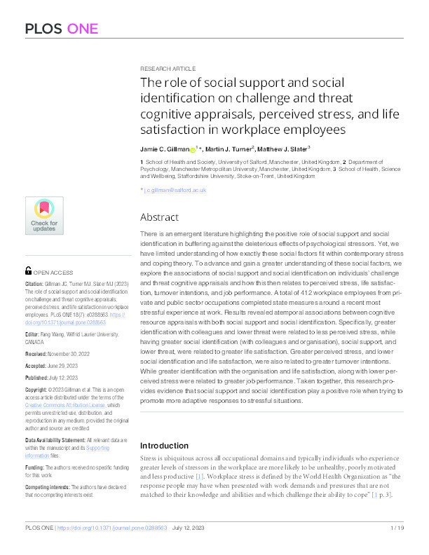 The role of social support and social identification on challenge and threat cognitive appraisals, perceived stress, and life satisfaction in workplace employees Thumbnail