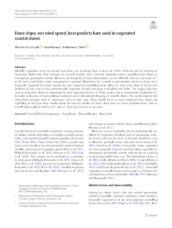 Dune slope, not wind speed, best predicts bare sand in vegetated coastal dunes. Thumbnail