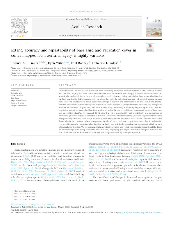 Extent, accuracy and repeatability of bare sand and vegetation cover in dunes mapped from aerial imagery is highly variable Thumbnail
