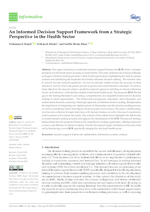 An Informed Decision Support Framework from a Strategic Perspective in the Health Sector Thumbnail