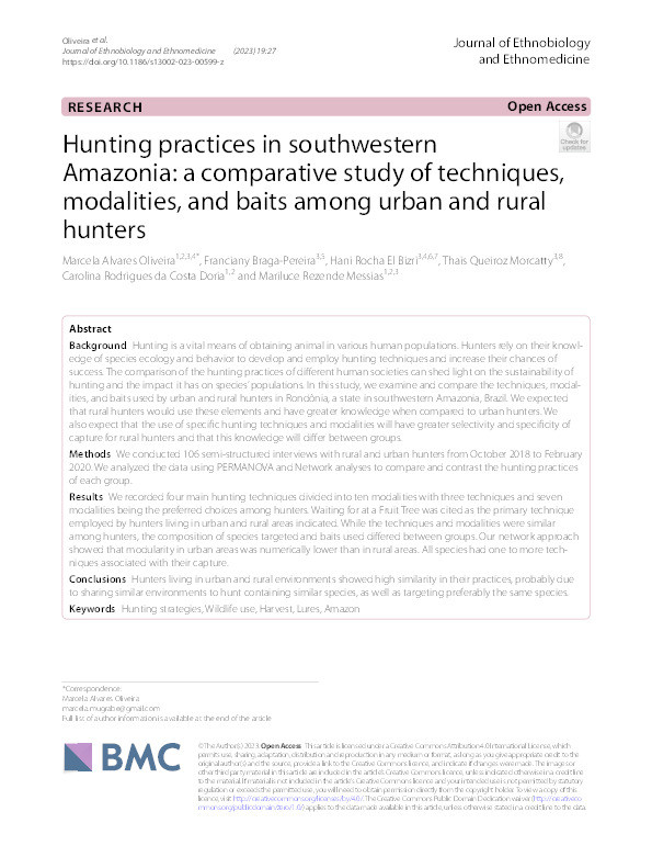 Hunting practices in southwestern Amazonia: a comparative study of techniques, modalities, and baits among urban and rural hunters Thumbnail