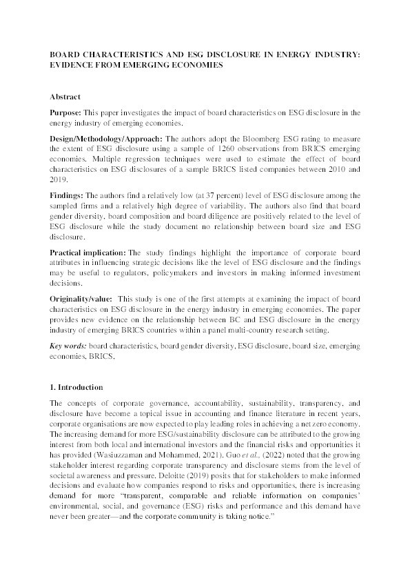 Board characteristics and ESG disclosure in energy industry: Evidence from emerging economies Thumbnail